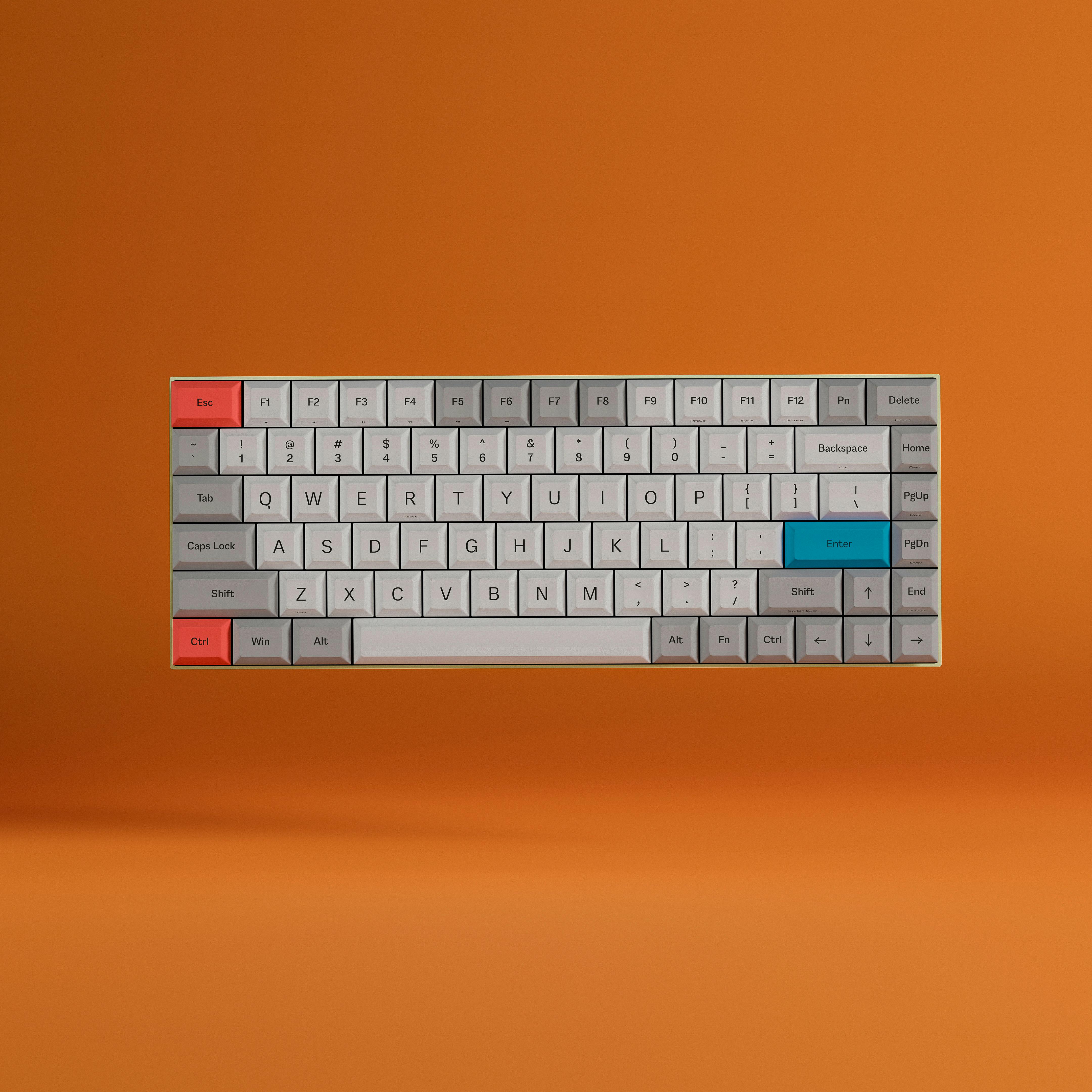 A modern mechanical keyboard with colorful keys against an orange backdrop.